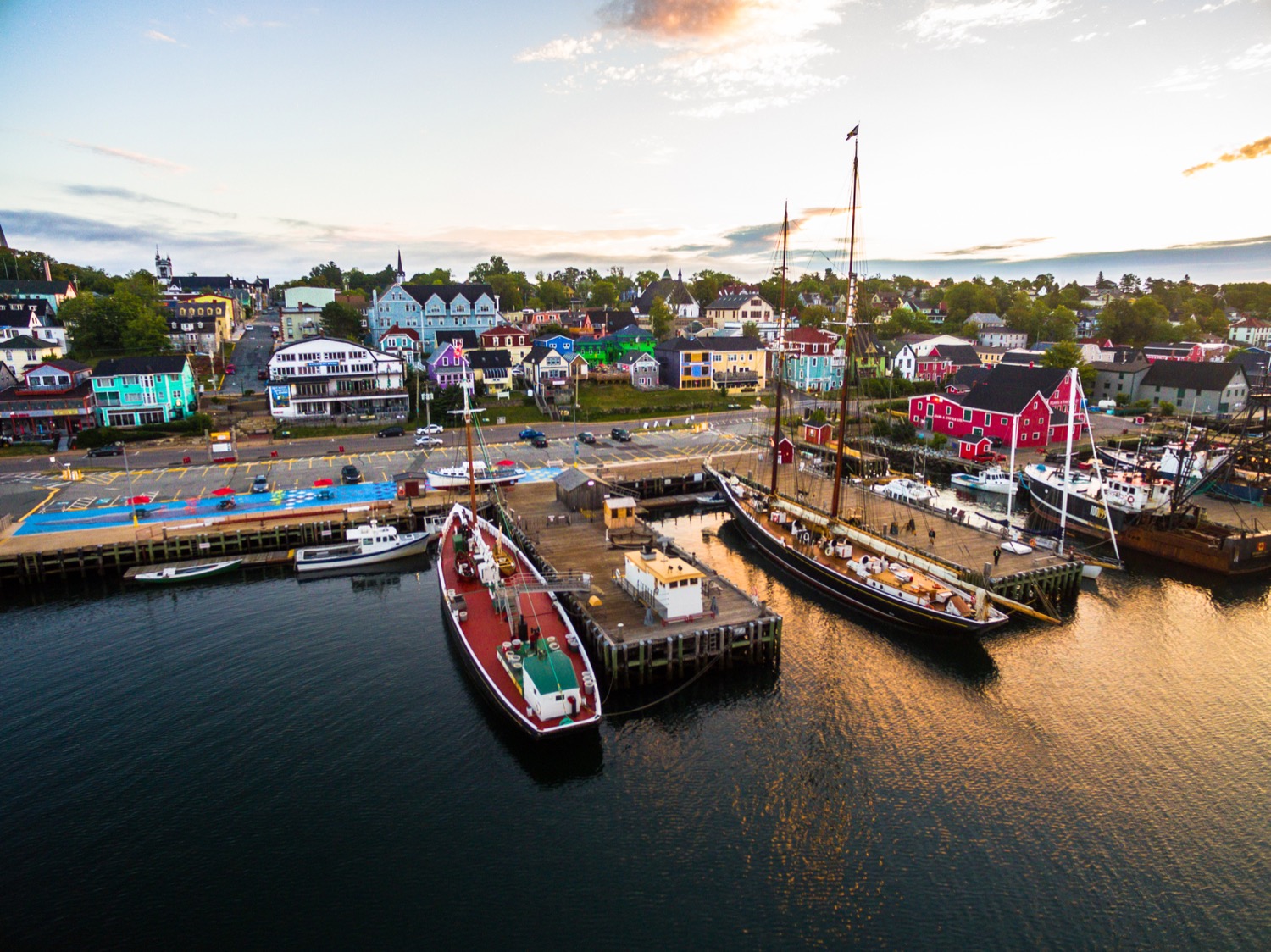 Colourful waterfront buildings and harbour in Lunenburg, Nova Scotia
